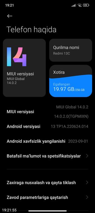 Redmi 13C xotira 8/256 tali