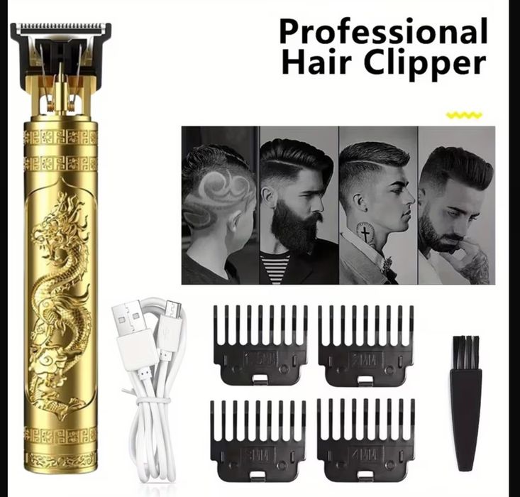 Set Profesional de Tuns Păr și Barbă, Design Auriu și Negru, Baterie Reîncărcabilă Litiu, Kit Electric de Tuns Păr cu Încărcare USB și 4 Piepteni