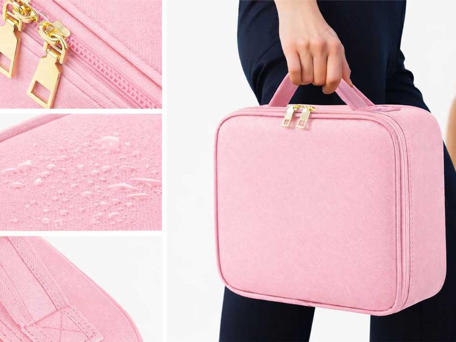 Куфар, чанта за грим и козметика с огледало и LED осветление - черен или розов цвят