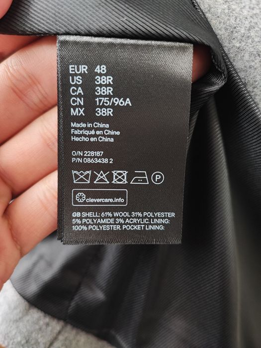 Palton Gri Bărbați H&M cu Lână 61%, Mărimea 48 (M)