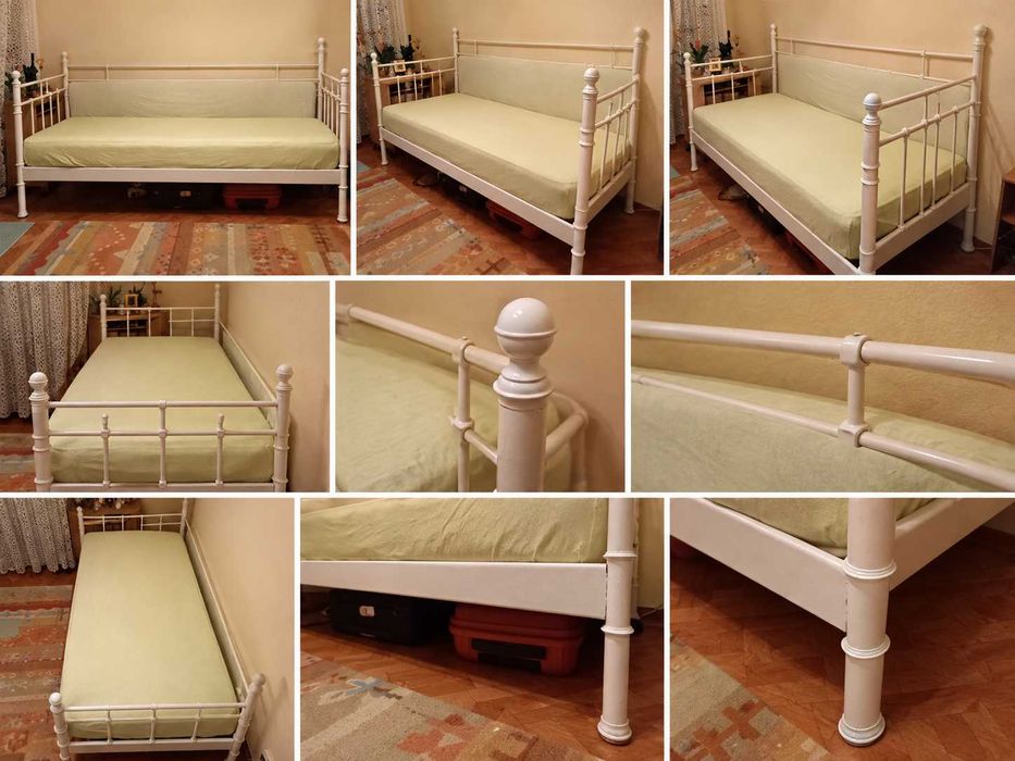 Pat IKEA metalic alb 90 x 200 cm, cu somiera rabatabila si saltea