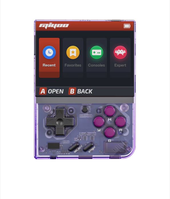 Игрова конзола Miyoo Mini Plus, 128 GB , прозрачен лилав цвят, преносима, поддръжка на 15+ ретро емулатора