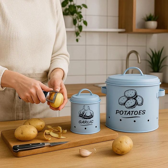 Комплект от 3 метални кутии за съхранение на картофи, лук и чесън