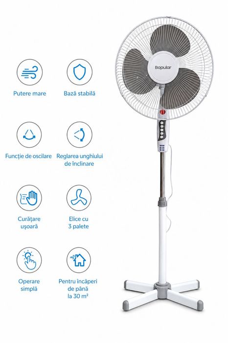 Ventilator cu picior BOPULAR, diametru 16”, 3 trepte viteza, 40W, alb