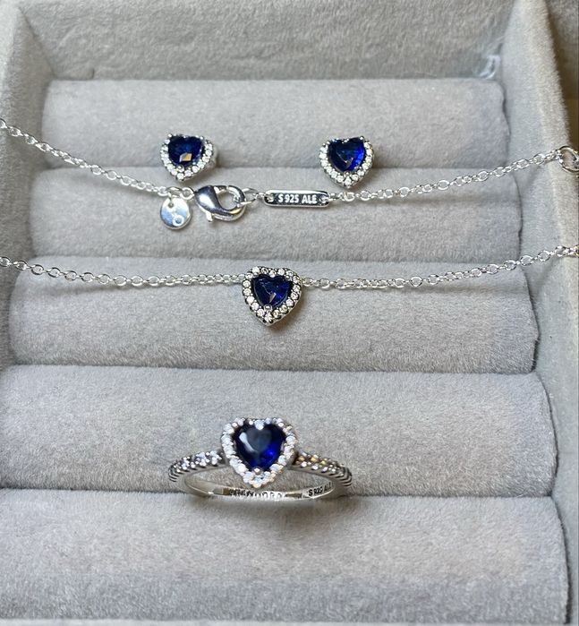 PANDORA Set Argint S925 – Inel mar.7, Cercei, Colier – Inimă Albastră – NOU