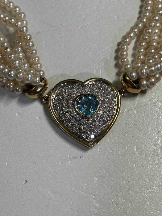 COLIER AUR 18K + 12 x 50 = 600 PERLE + 74 Diamante = 2.2CT + Aquamarin Inima = 3CT !