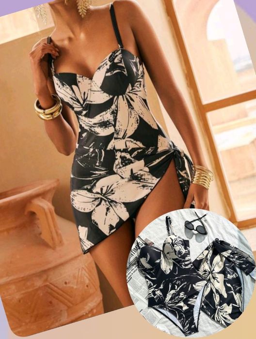 Бански от 2 части и цели с парео. Размерите са написани върху всяка .