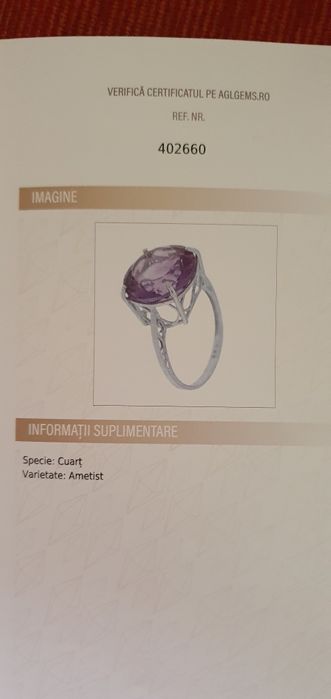 Vând inel aur alb 14k cu ametist natural