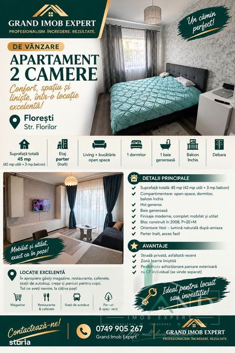 Apartament Modern : 2 Camere | Balcon | 45 MP | Parcare | Floresti