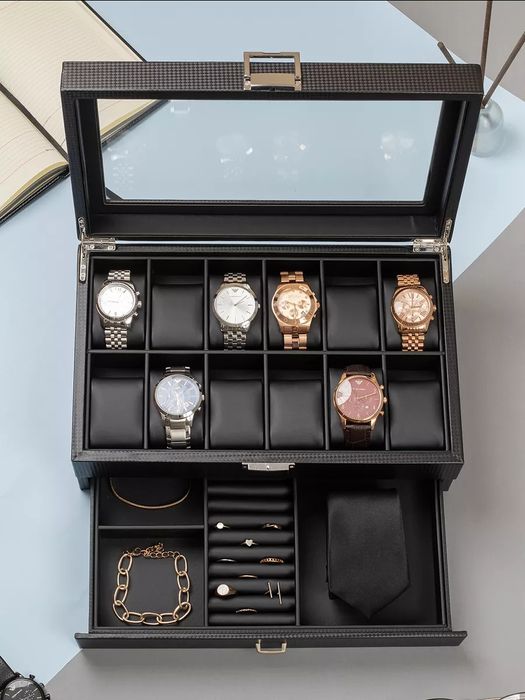 Шкатулка для хранения часов и очков и украшений большая двухуровневая