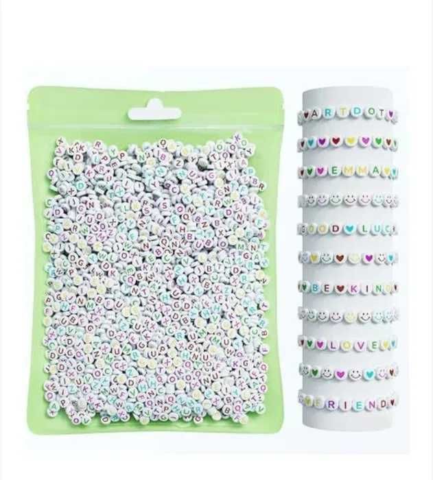 Margele albe rotunde cu litere colorate, 800 buc, alfabet A-Z