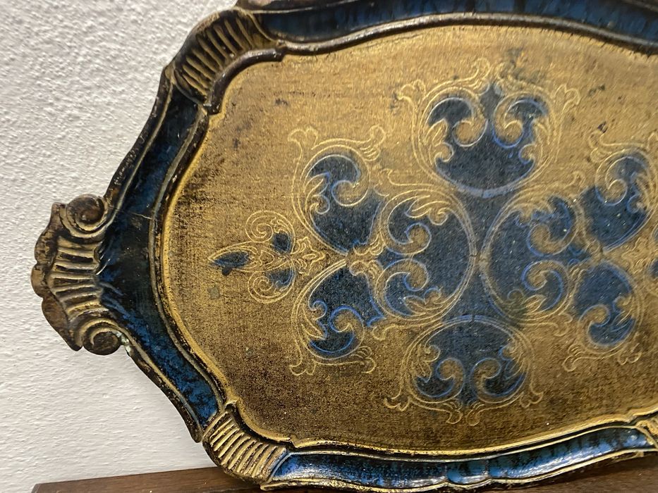 Винтидж поднос Италия 1950 1970 Florentine синьо злато