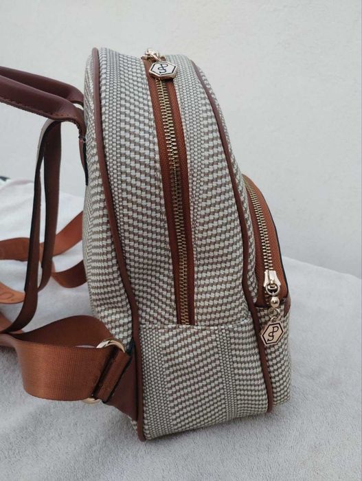 Елегантна дамска раница Silver & Polo – десен пепит / кафява еко кожа