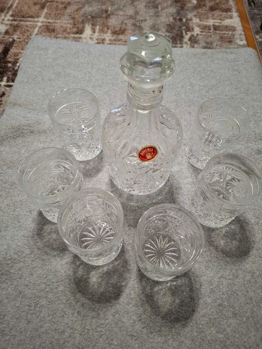 Set whisky cristal Bohemia sticlă și șase pahare, vintage