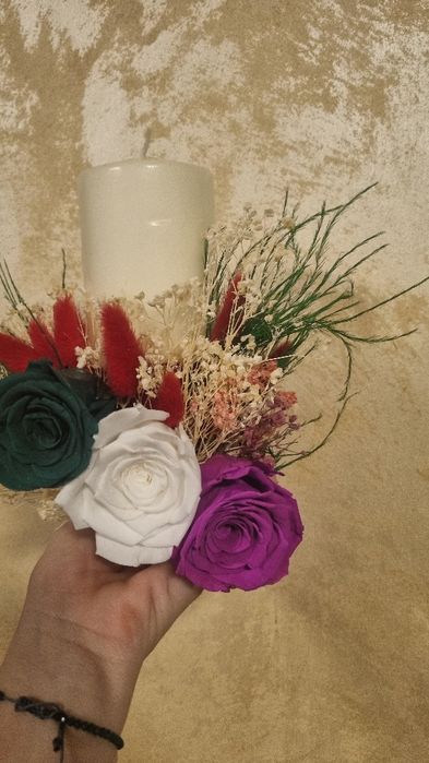 Lumanare  botez cu flori naturale conservate