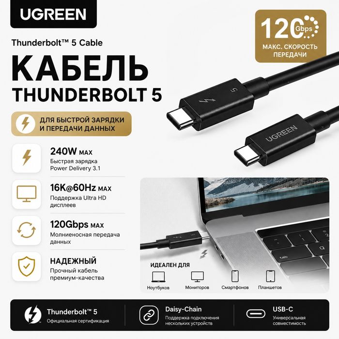 Кабель UGREEN Thunderbolt 5 USB-C 240W 120Gbps 16K