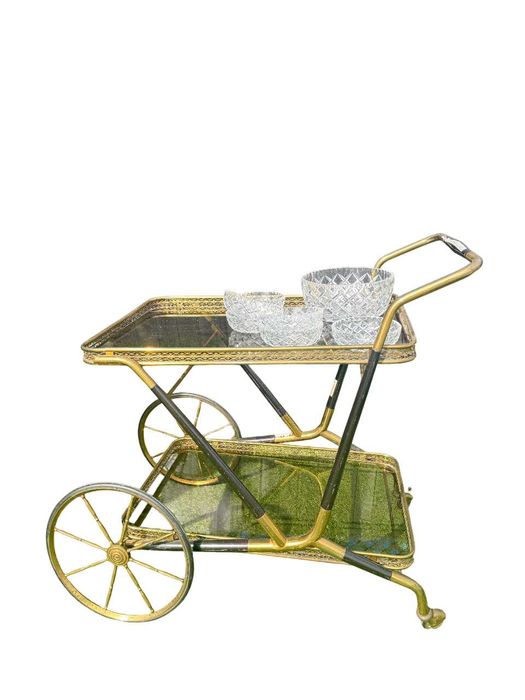 Masuta bar vintage din metal auriu cu sticlă fumurie, H 62 cm