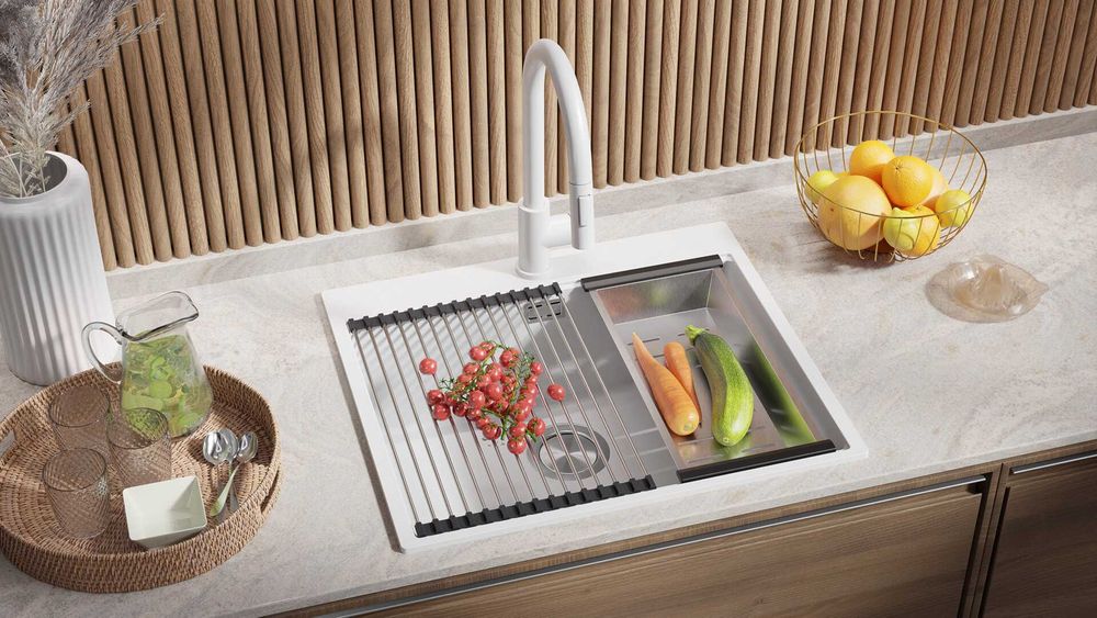 Промо к-т Бял мивка смесител дозатор сифон кухненска мивка от гранит