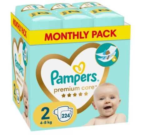 Пелени Pampers Premium Care, Размер 2, 4 кг-8 кг, 224 броя