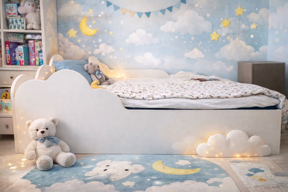 Pat copii 90 x 190 + saltea premium denim pocket