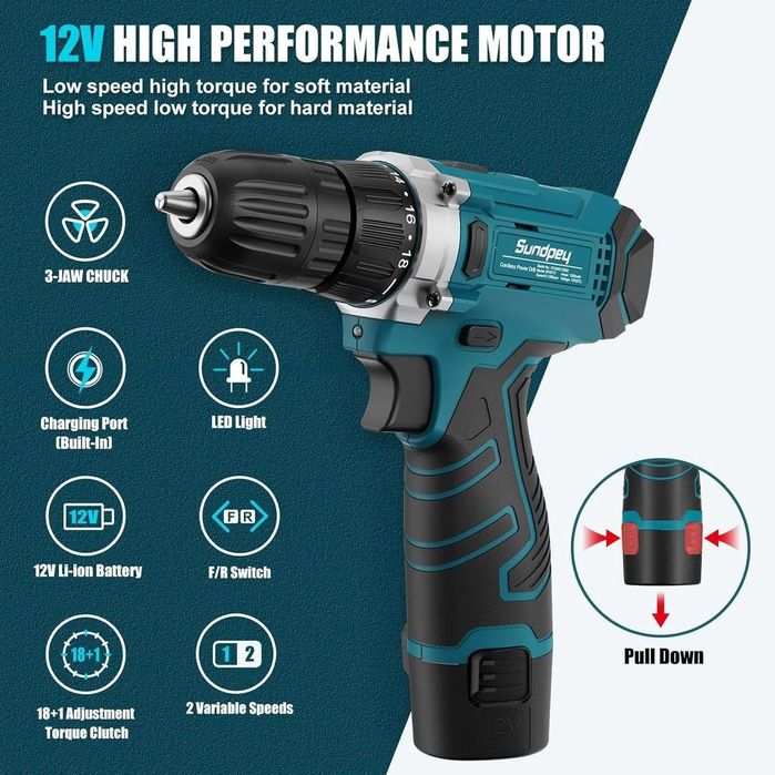 Trusă de scule 206 piese cu bormașină 12V fără fir