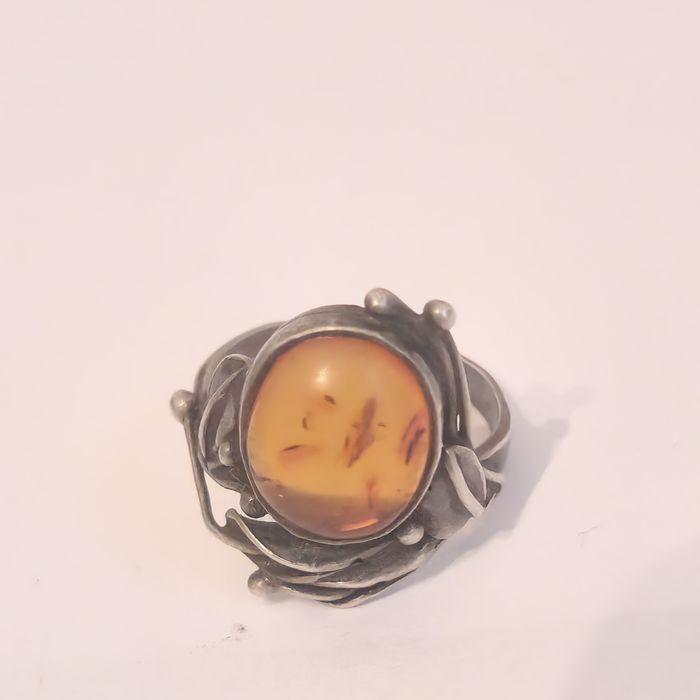 Inel argint 925 cu chihlimbar natural, model vintage reglabil