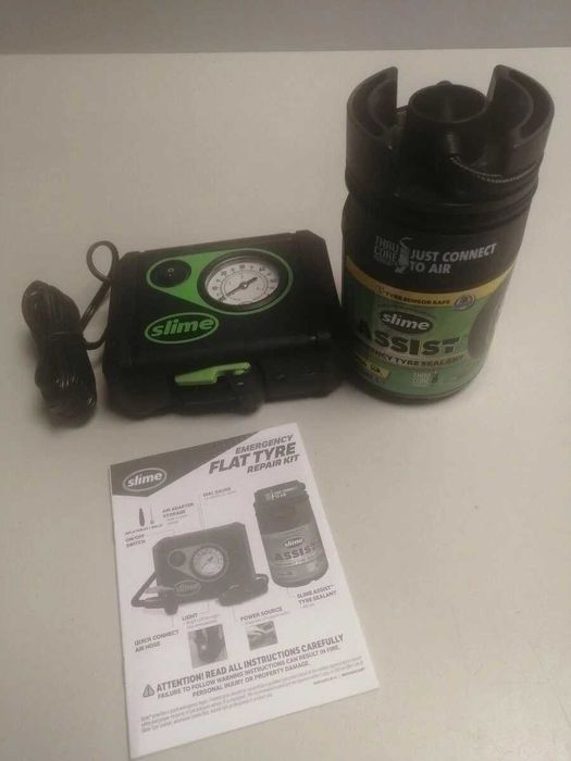 Slime ремонтен комплект за спукана гума с уплътнител 414ml и компресор 12V, 4 bar, 60 PSI