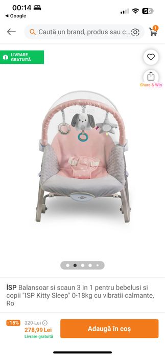 Balansoar si scaun 3 in 1 pt bebelusi cu vibratii calmante