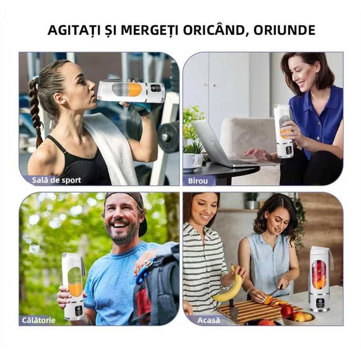 Blender portabil 450ml, 12 lame inox, afisaj LED