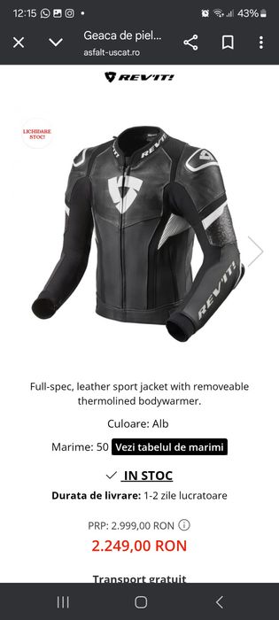 Geaca moto piele Rev'it hyperspeed pro 52 cocoasa Lazu • OLX.ro