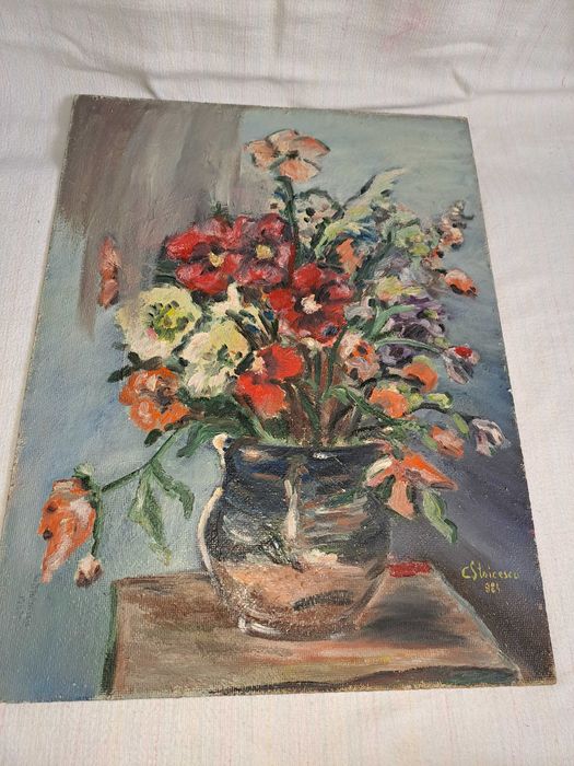 tablou vechi pictura pe pfl 49/37 cm semnat C Stoicescu datat