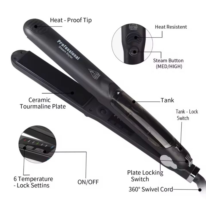 Placă profesională de îndreptat părul cu abur
