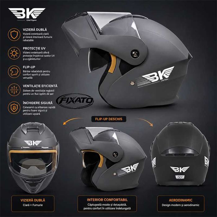 Casca Moto/Scuter Flip-Up, Viziera Dubla, Protectie UV, Gri