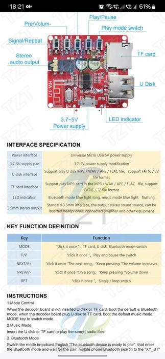 Amplificator 2x6W, Bluetooth iOS Android USB stick telecomanda