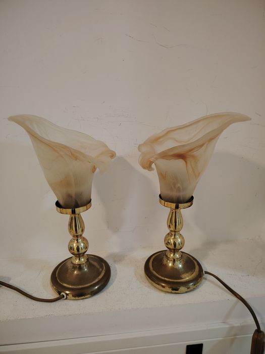 Pereche deosebita lămpi de masa Art Deco din alama masiva și abajur di