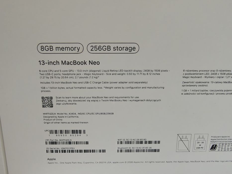 *** ЗАПЕЧАТАН 256GB Лаптоп MacBook Neo Гаранция А1 2028 г. Blue/Син