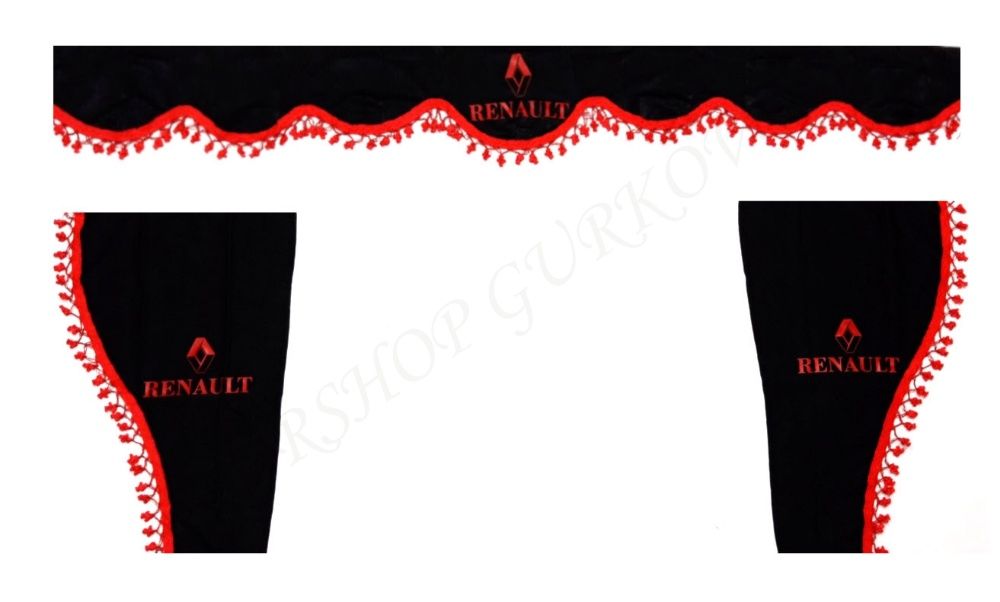 Черни пердета с червени пискюли и лого за камиони