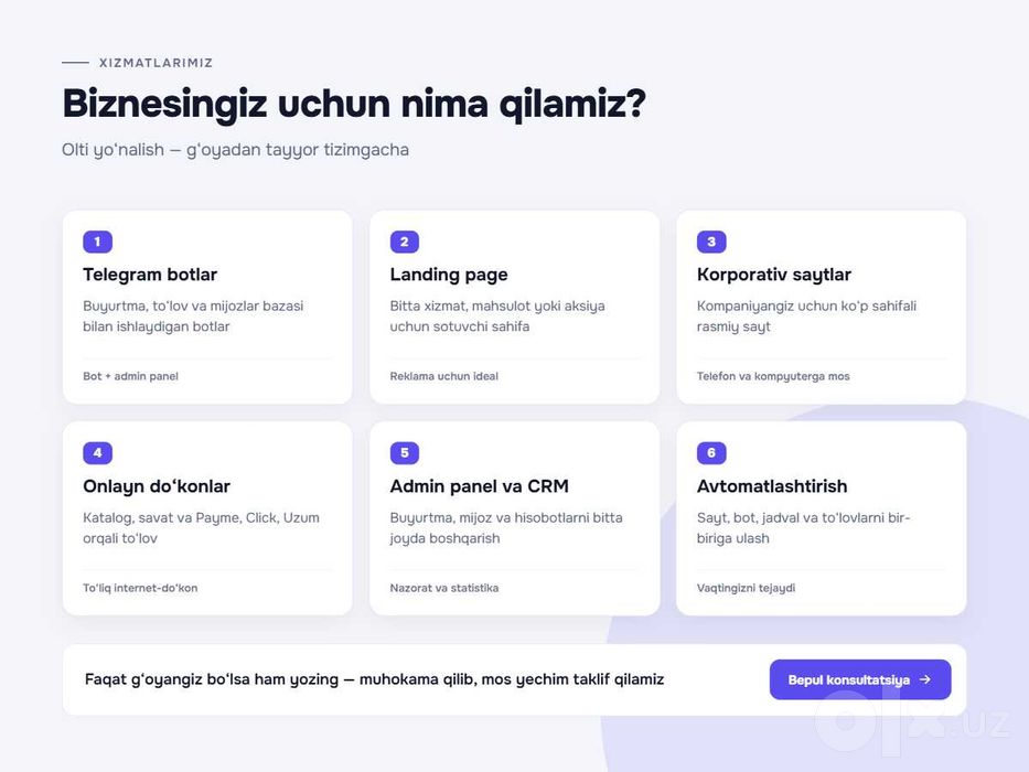 Website, Mobile Ilova va Telegram Bot yaratish xizmati