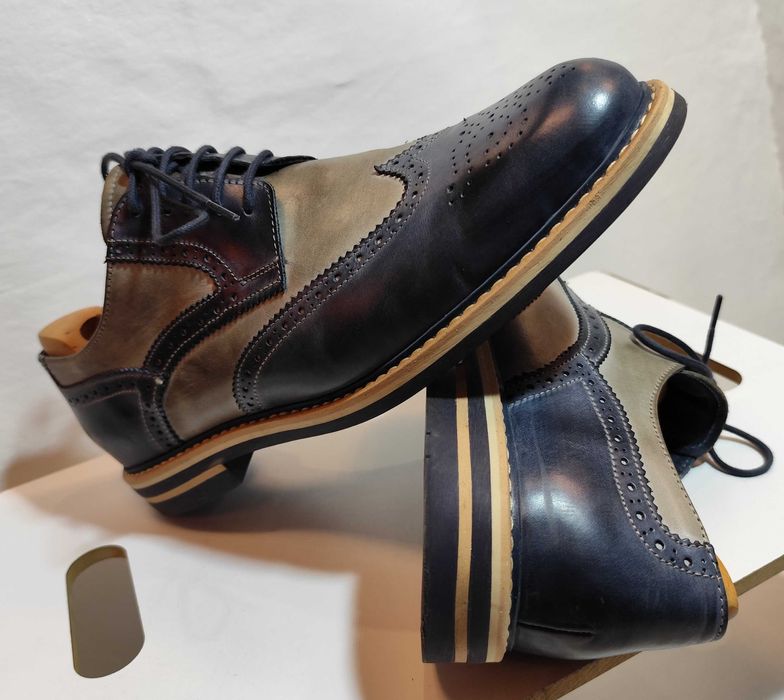 Pantofi derby 46 brogue Nicola Benson piele naturala moale navy gri