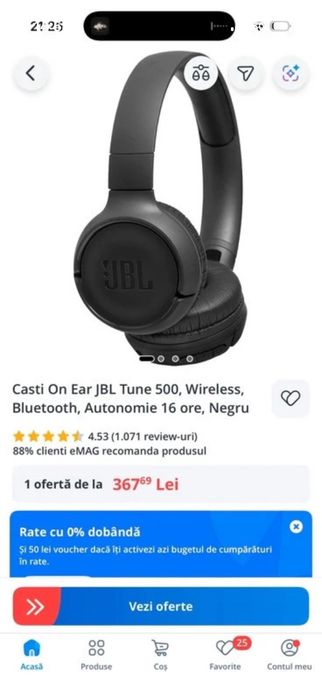 Casti On Ear JBL Tune 500, Wireless, Bluetooth, Autonomie 16 ore, Negru