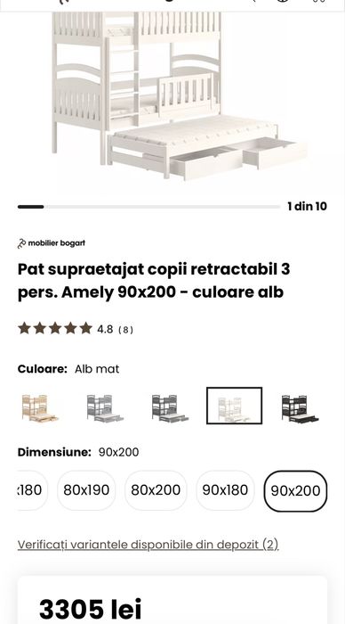 Pat supraetajat 3 persoane 90x200 cu 2 saltele incluse