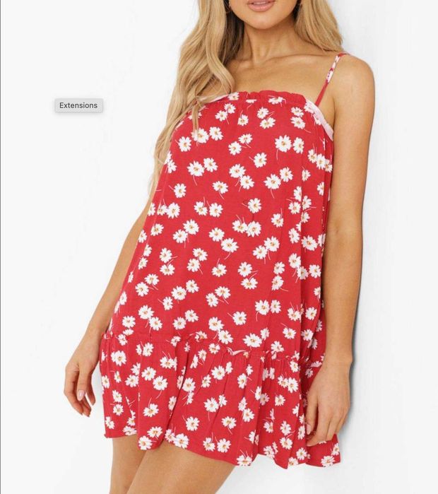 Rochie vara, scurta, rosu cu floricele albe, S