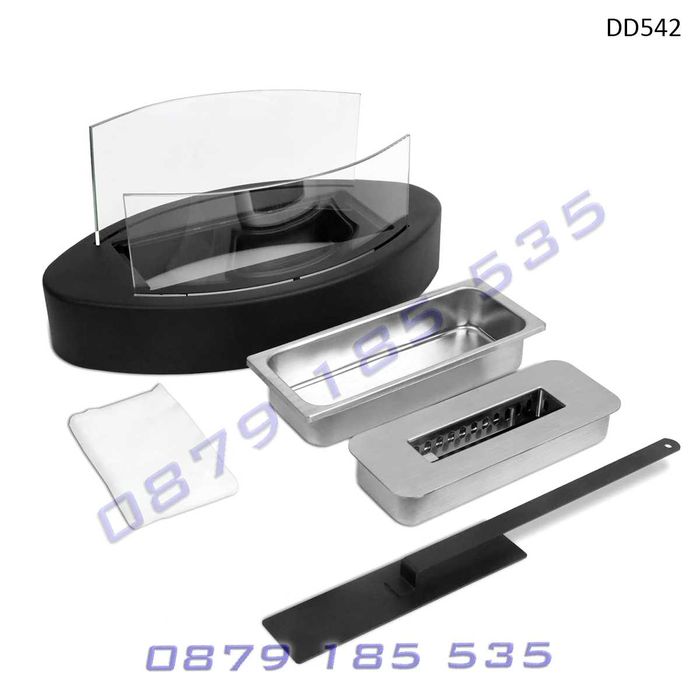 Дизайнерска черна настолна камина интериорен аксесоар уют маса пламък