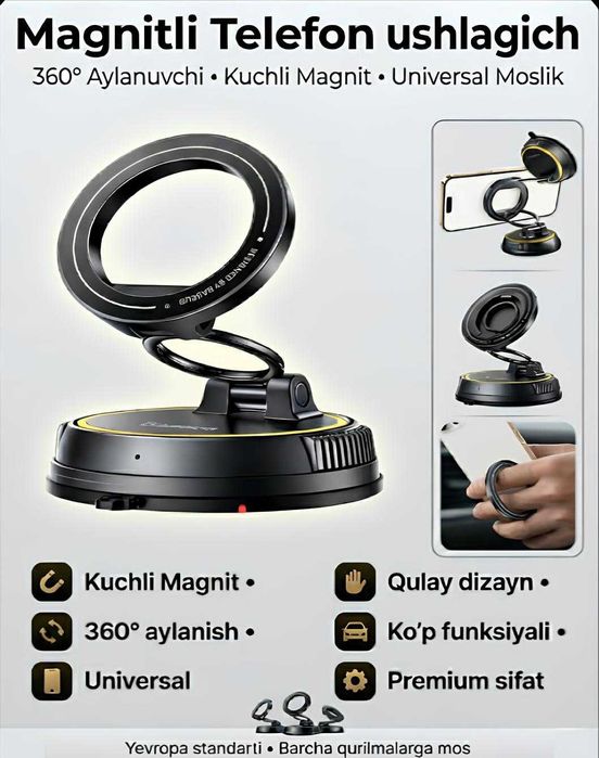 Magnitli telefon ushlagich VC2 Flex, vakuumli avtomobil holder 360°