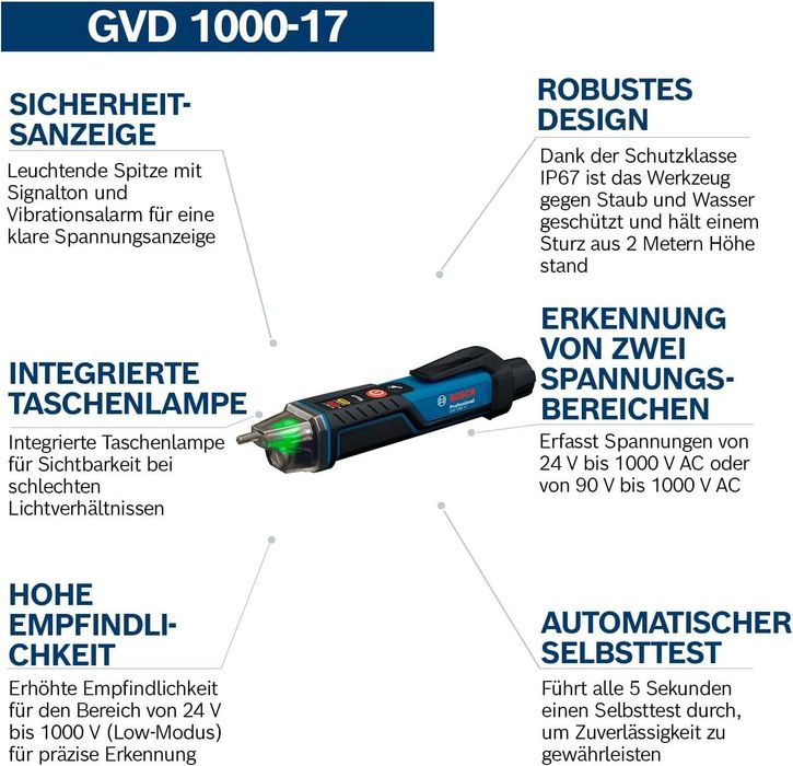 ПРОМО Нов 2г Гаранция Безконтактен Фазомер Детектор за Напрежение Bosch GVD 1000-17, 1000 V, 2 x 1.5 V AAA
