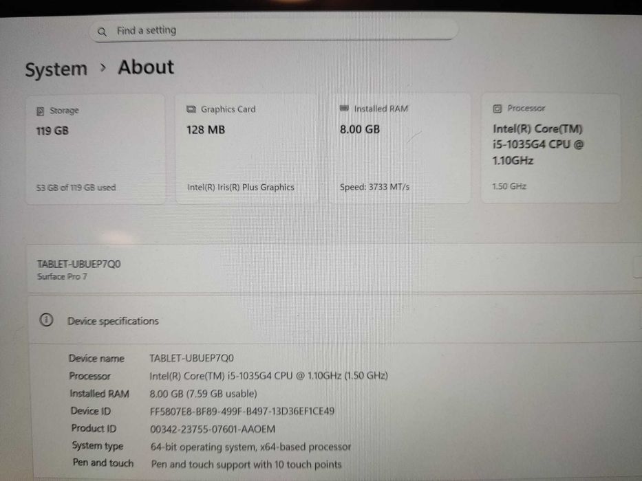 Microsoft Surface Pro 7 (Model 1866) | Intel i5, 8GB RAM, 128GB SSD