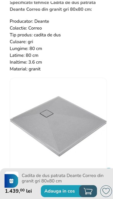 Cădiță de duș granit culoare gri 80x80