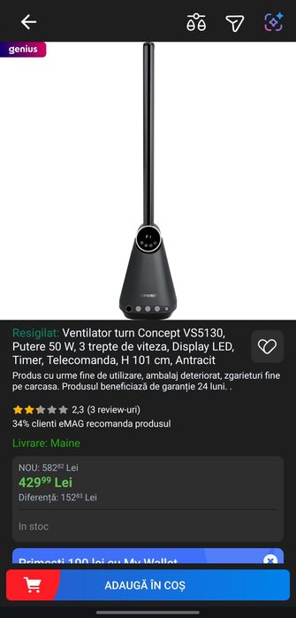 Ventilator turn Concept VS5130, Putere 50 W, 3 trepte de viteza, Display LED, Timer, Telecomanda, H 101 cm, Antracit