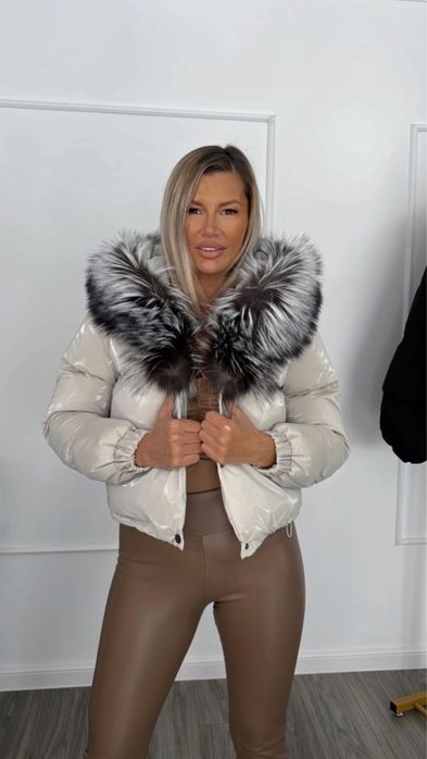 Geaca dama fâș guler din blana naturala vulpe captuseala puf gasca