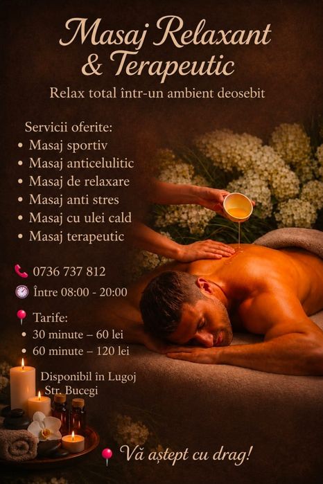 Masaj relaxant...Atmosferă relaxantă, uleiuri profesionale
Mă deplasez
